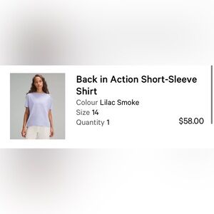 Back in Action top from Lululemon in Lilac Smoke. Size 14.
